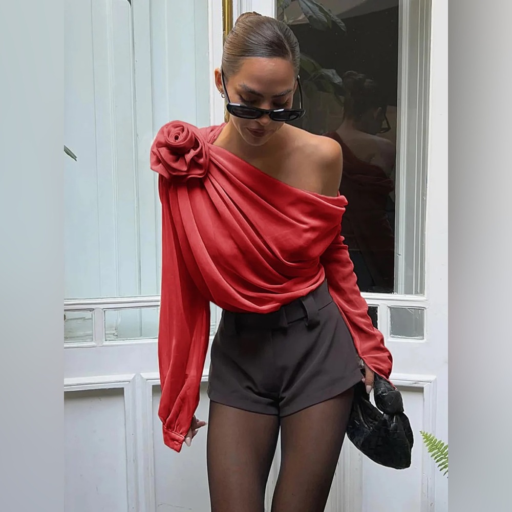 Commense One-Shoulder Rose Red Draped Blouse with Rosette